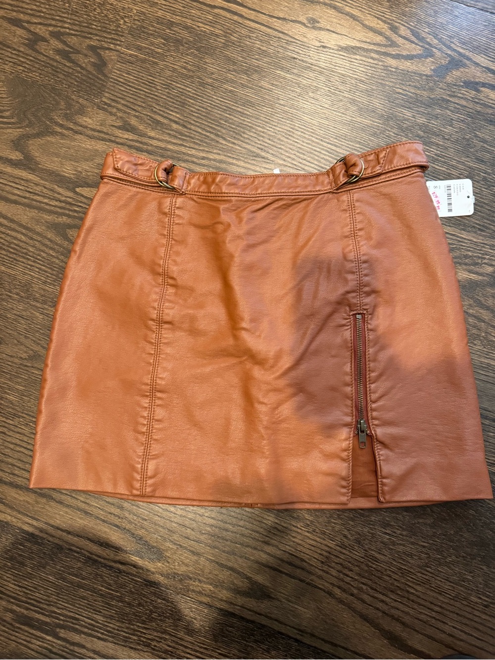 Free People Cognac Faux Leather Mini Skirt with Side Zip - Picture 2 of 8